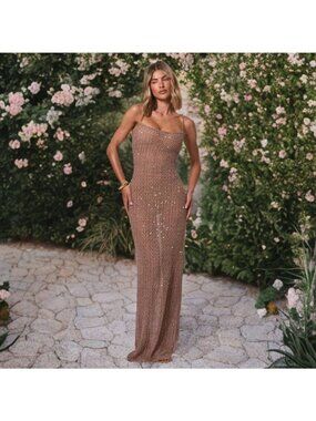 Musera Sequin Bodycon Maxi Dress Knit Fitted Transparent Sleveless Shimmer Glam